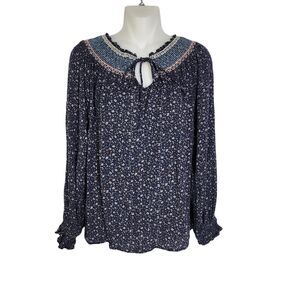Knox Rose Womens Blouse Large Embroidered Smocked Bue Floral Boho Tie Neck Top
